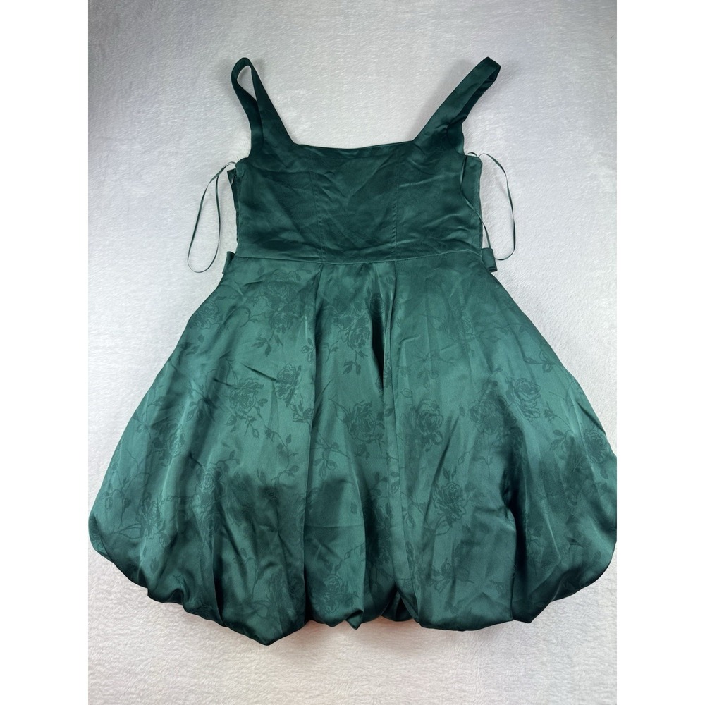 Francescas Satin Bubble Hem Mini Dress Small Green Bow Renaissance Romantic - Picture 8 of 9